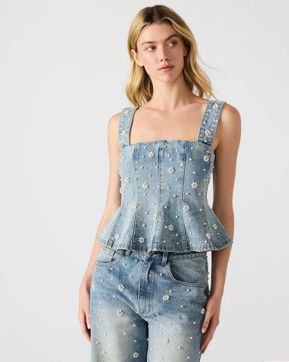 PENELOPI Denim Ruffle Fabric Pearl Embellished Women's Tank Top