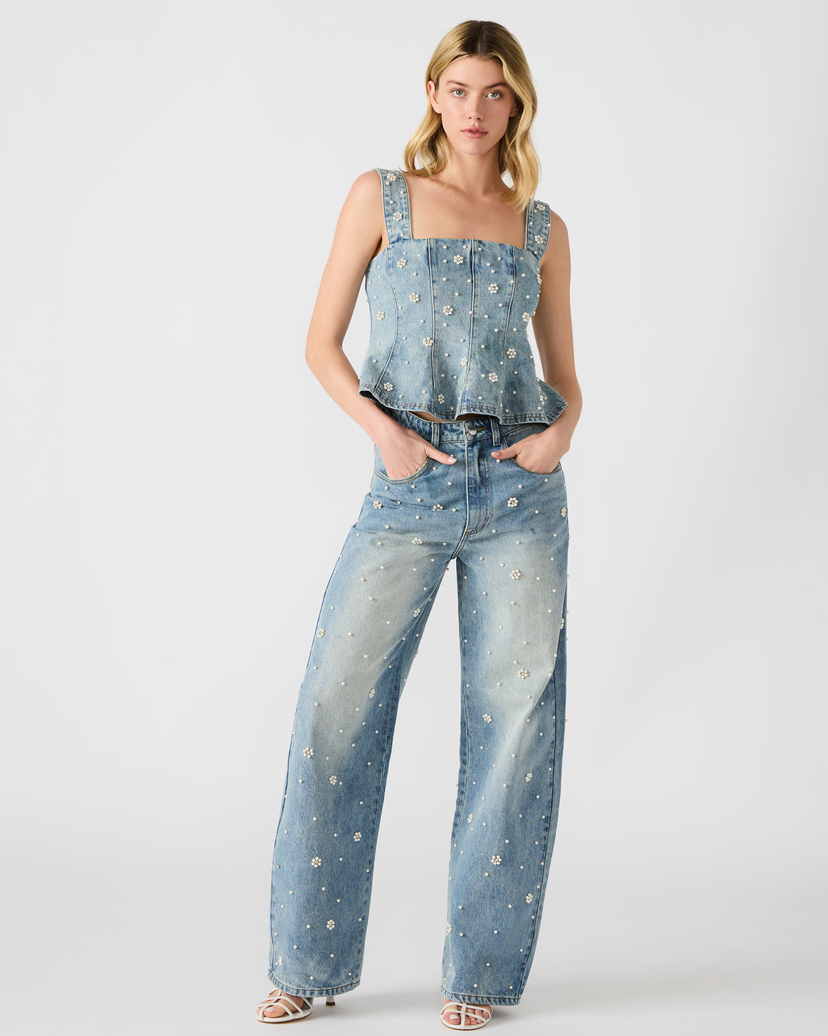 PENELOPI Denim Ruffle Fabric Pearl Embellished Women's Tank Top