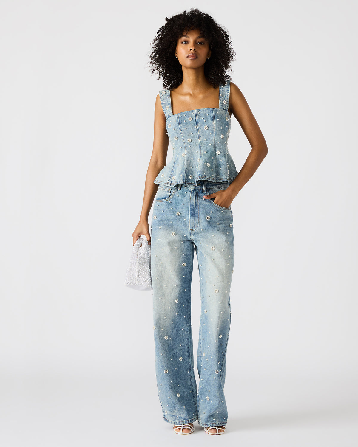 PENELOPI Denim Ruffle Fabric Pearl Embellished Women's Tank Top