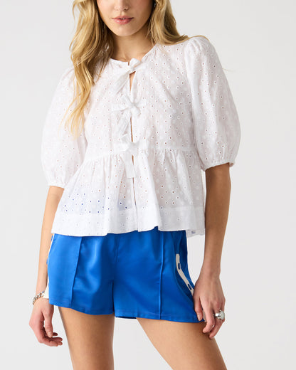 PAULA Top White Short-Sleeved Tie-Front Eyelet Top