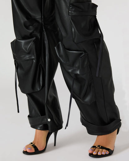 Vegan Leather Duo Black Women's Utility Cargo Pants