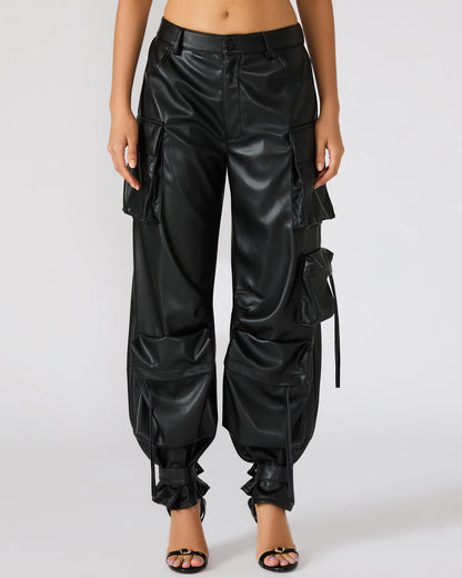 Vegan Leather Duo Black Women's Utility Cargo Pants
