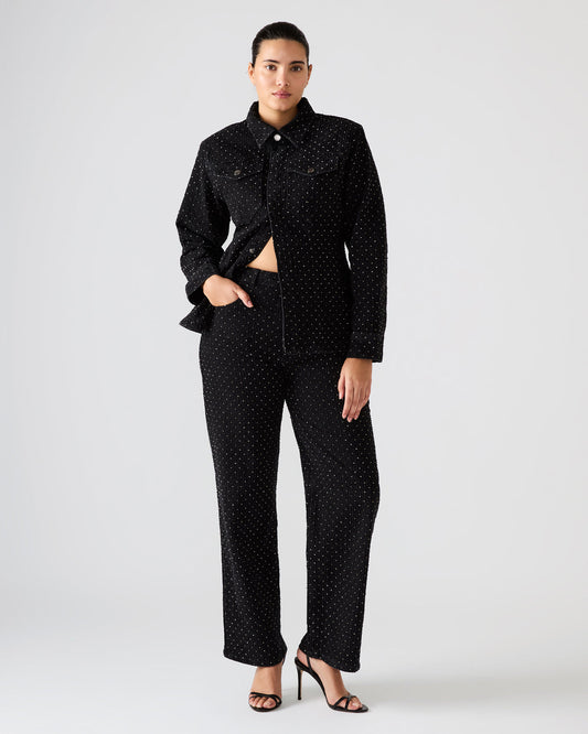 AVALINE Crystal Black Straight-Leg Rhinestone Embellished Denim Women's Jeans