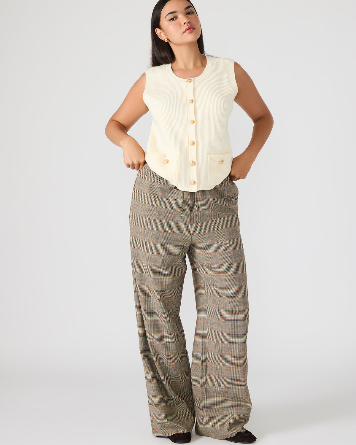 IDRA Brown Pull-On Tie-Front Cuffed Plaid Women's Pants