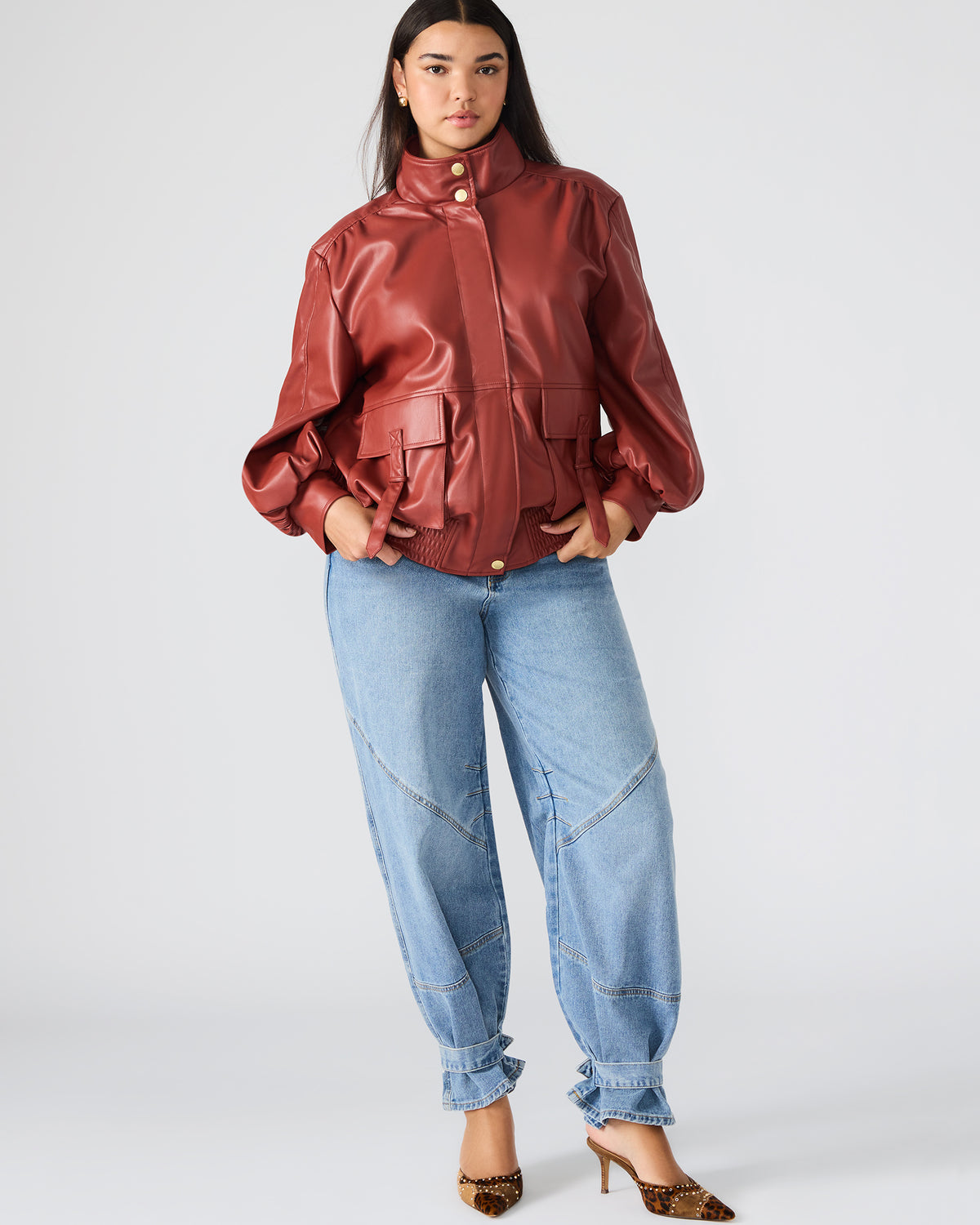 VEE Dusty Brick Faux Leather Long-Sleeved Women's Jacket
