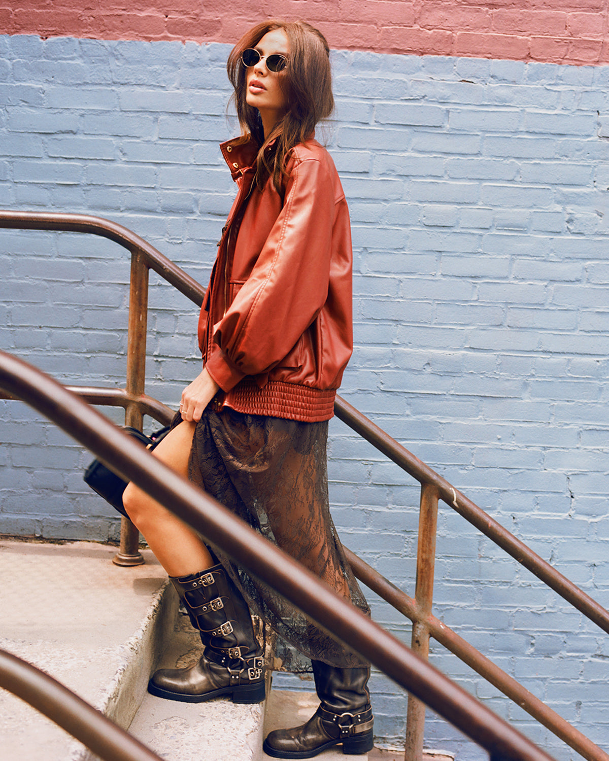 VEE Dusty Brick Faux Leather Long-Sleeved Women's Jacket